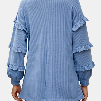 Ruffled V-Neck Long Sleeve T-Shirt