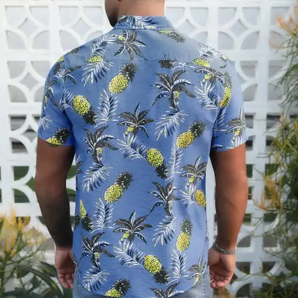 Sky Blue Men's Hawaiian Printed Turn-down Collar Button Short Sleeve Shirt