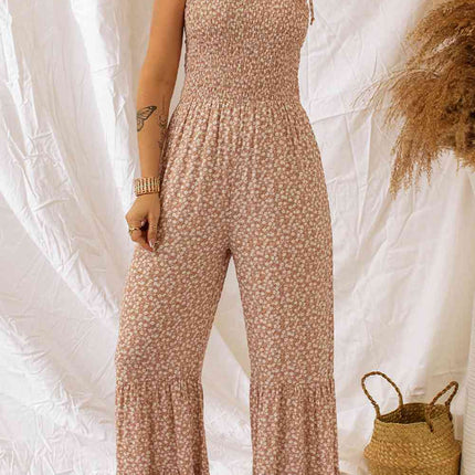 Floral Spaghetti Strap Smocked Wide Leg Jumpsuit - Vickie Lynn's