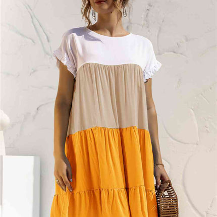 Color Block Round Neck Ruffle Hem Dress