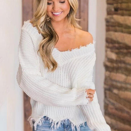 Frayed Hem Dropped Shoulder Sweater