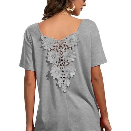 Camiseta casual de manga corta con cuello en V y encaje para mujer 