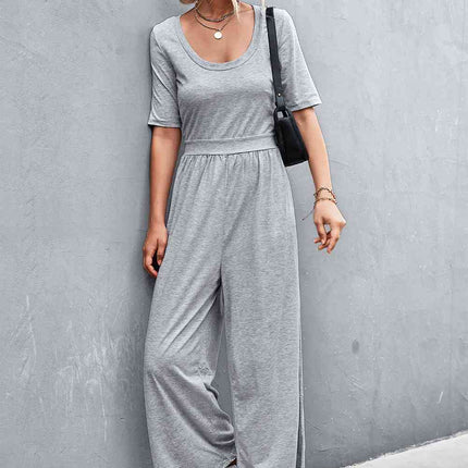 Scoop Neck Half Sleeve Wide Leg Jumpsuit