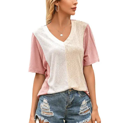 Camiseta holgada de manga corta con contraste y cuello en V para mujer 
