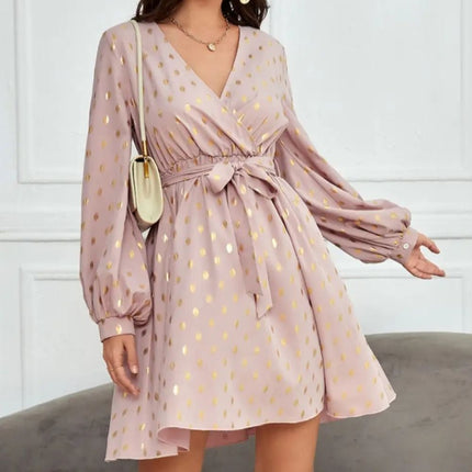 Tied Printed Surplice Long Sleeve Dress