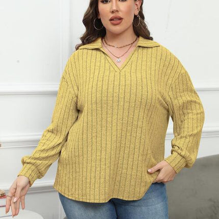 Plus Size Ribbed Collared Neck Long Sleeve Blouse