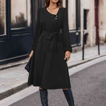 Buttoned Tie Front Long Sleeve Asymmetrical Neck Dress