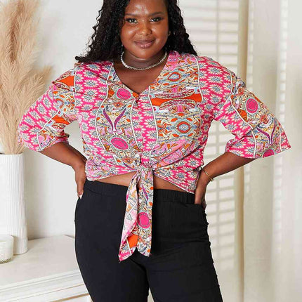 Double Take Tie Hem V-Neck Three-Quarter Sleeve Blouse - Vickie Lynn's