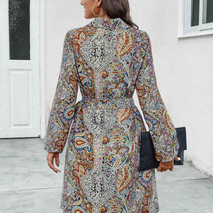 Printed Collared Neck Long Sleeve Dress