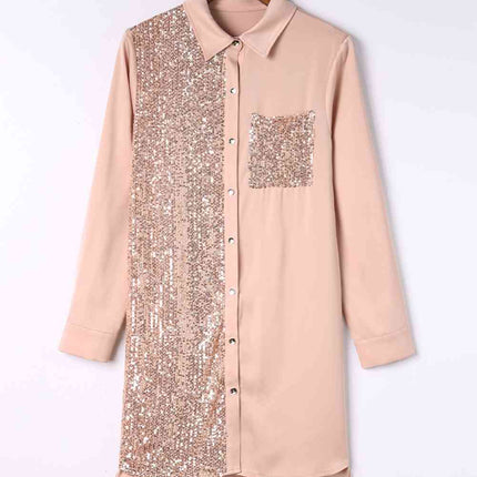Sequin Button Front High-Low Shirt Dress