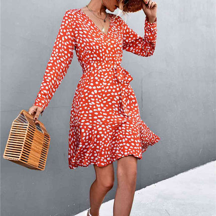 Printed V-Neck Tie Belt Ruffle Hem Mini Dress