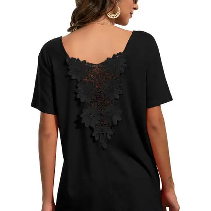 Camiseta casual de manga corta con cuello en V y encaje para mujer 