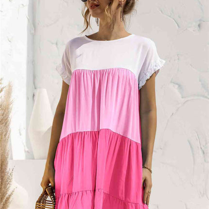 Color Block Round Neck Ruffle Hem Dress