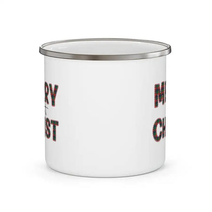 White Enamel Mug for School/Work/Travel - 12oz, Merry With Christ, Red And Green Plaid Christmas Holiday Pattern Print