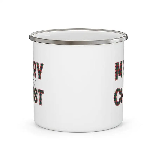 White Enamel Mug for School/Work/Travel - 12oz, Merry With Christ, Red And Green Plaid Christmas Holiday Pattern Print