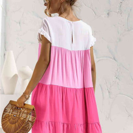 Color Block Round Neck Ruffle Hem Dress
