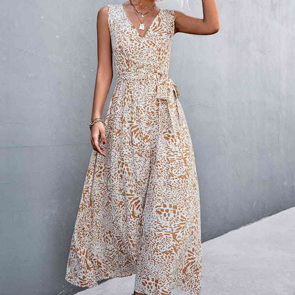 Printed V-Neck Tie Waist Maxi Dress