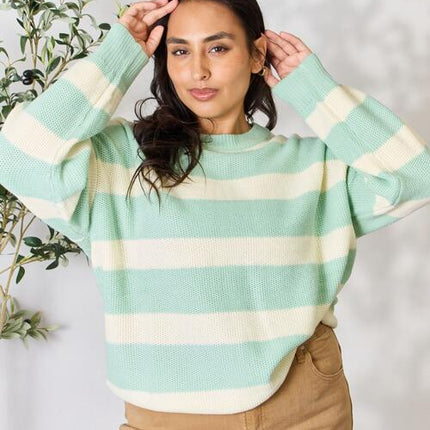 Sew In Love Full Size Contrast Striped Round Neck Sweater
