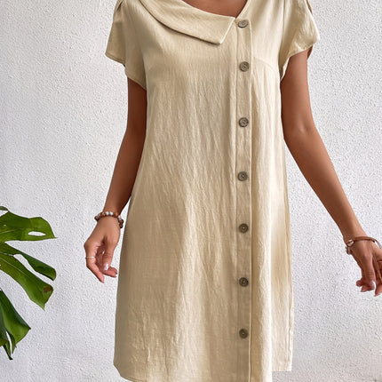 Decorative Button Asymmetrical Neck Short Sleeve Dress