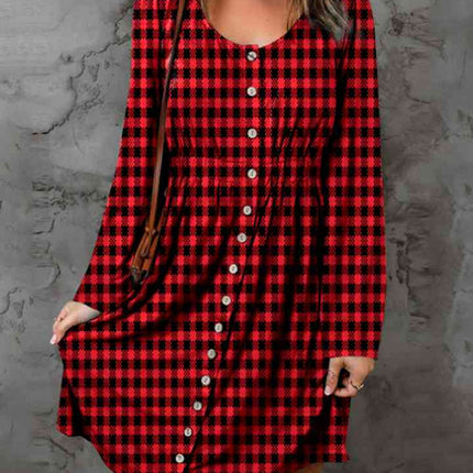 Double Take Full Size Plaid Round Neck Long Sleeve Magic Dress - Vickie Lynn's