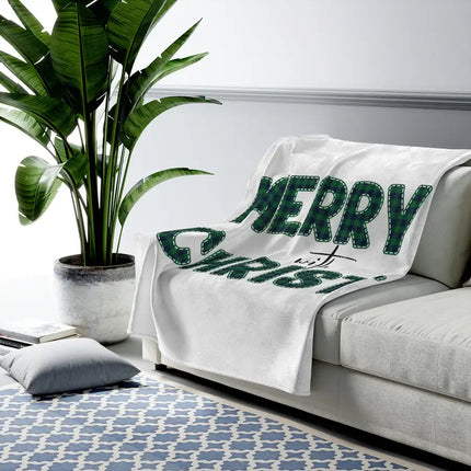 Home Decor, Throw Blanket Sofa/Bedding/Travel, Merry With Christ, Green Plaid Christmas Holiday Pattern Print