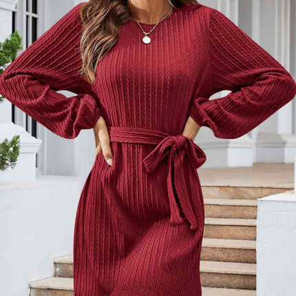 Round Neck Tie Front Long Sleeve Dress
