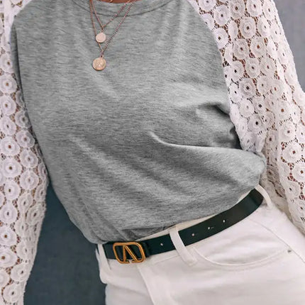 Hollow Lace Panel Long Sleeve Crew Neck Open Back T-Shirt