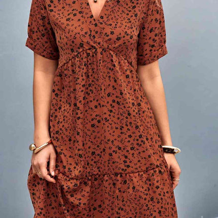 Ditsy Floral Empire Waist Plunge Short Sleeve Dress
