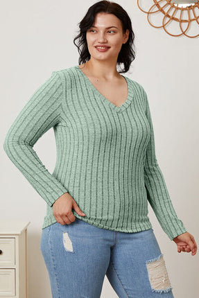 Basic Bae Full Size Ribbed V-Neck Long Sleeve T-Shirt - Vickie Lynn's