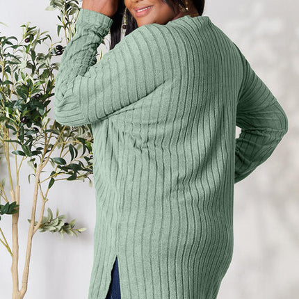 Basic Bae Full Size Ribbed Round Neck Long Sleeve Slit Top - Vickie Lynn's