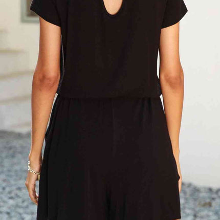 Drawstring Waist Short Sleeve Romper with Pockets