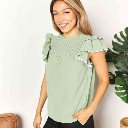 Double Take Pleated Detail Flutter Sleeve Blouse