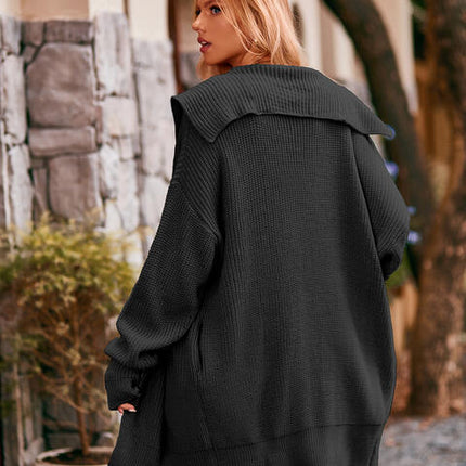 Collared Neck Button-Up Cardigan with Pockets