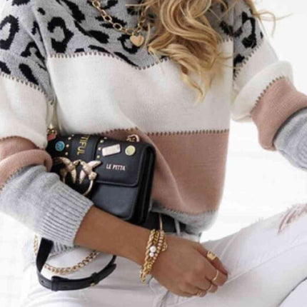 Full Size Round Neck Dropped Shoulder Color Block Sweater