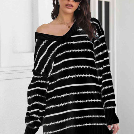 Striped V-Neck Sweater Dress