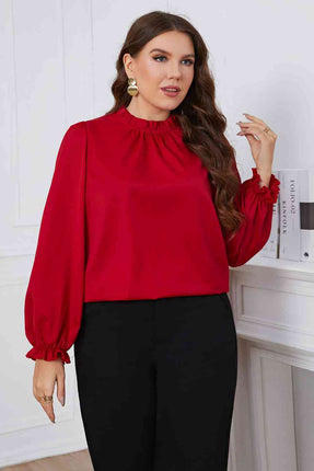 Melo Apparel Plus Size Frill Trim Flounce Sleeve Round Neck Blouse