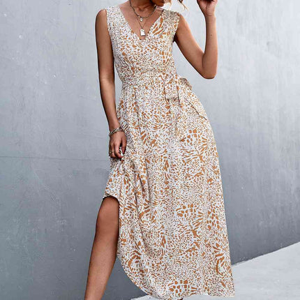 Printed V-Neck Tie Waist Maxi Dress