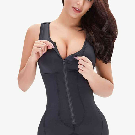 Full Size Zip-Up Scoop Neck Lace Trim Shapewear