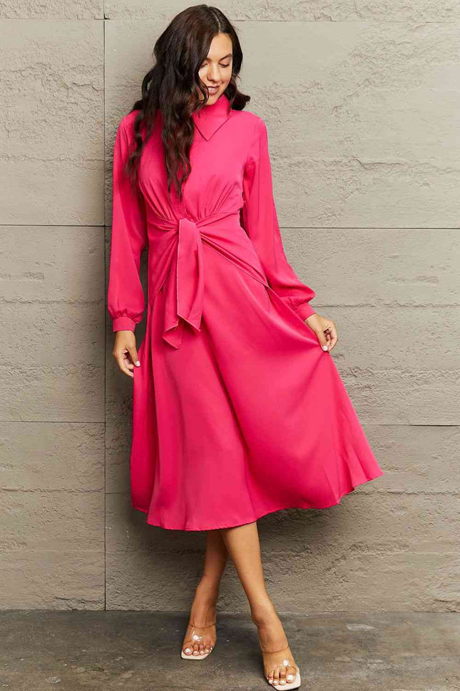 Collared Neck Long Sleeve Twisted Midi Dress