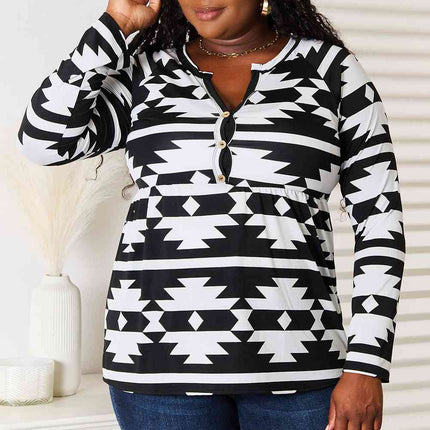 Heimish Full Size Geometric Notched Neck Long Sleeve Top