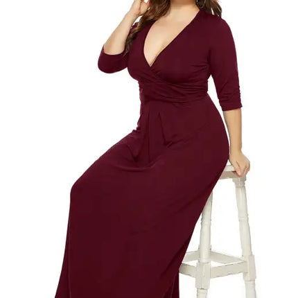 Women's Plus Size Deep V Solid Dress