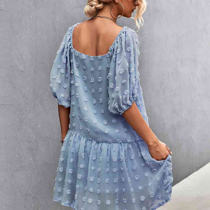 Swiss Dot Square Neck Half Balloon Sleeve Dress