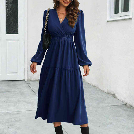 Surplice Neck Long Sleeve Midi Dress