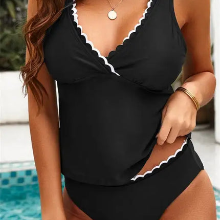 Traje de baño con camiseta sin mangas y cuello en V festoneado con bloques de colores a la moda para mujer 