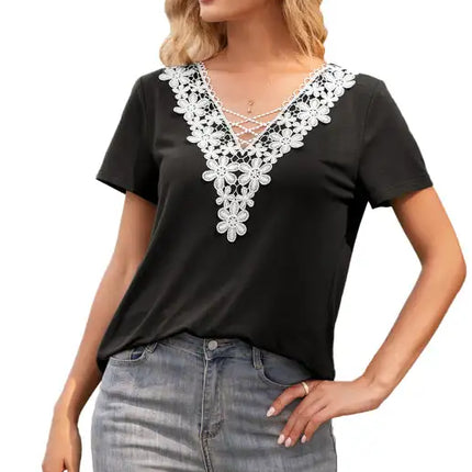 Women's Sexy Deep V Neck Cutout Lace Panel T-Shirt