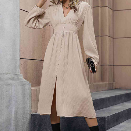 V-Neck Buttoned Slit Dress