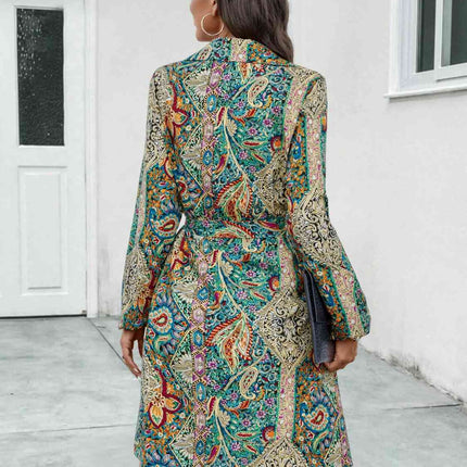 Printed Collared Neck Long Sleeve Dress