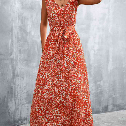 Printed V-Neck Tie Waist Maxi Dress