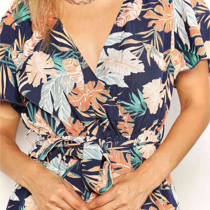 Double Take Botanical Print Surplice Neck Tie Waist Romper