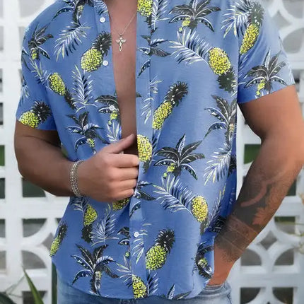 Sky Blue Men's Hawaiian Printed Turn-down Collar Button Short Sleeve Shirt